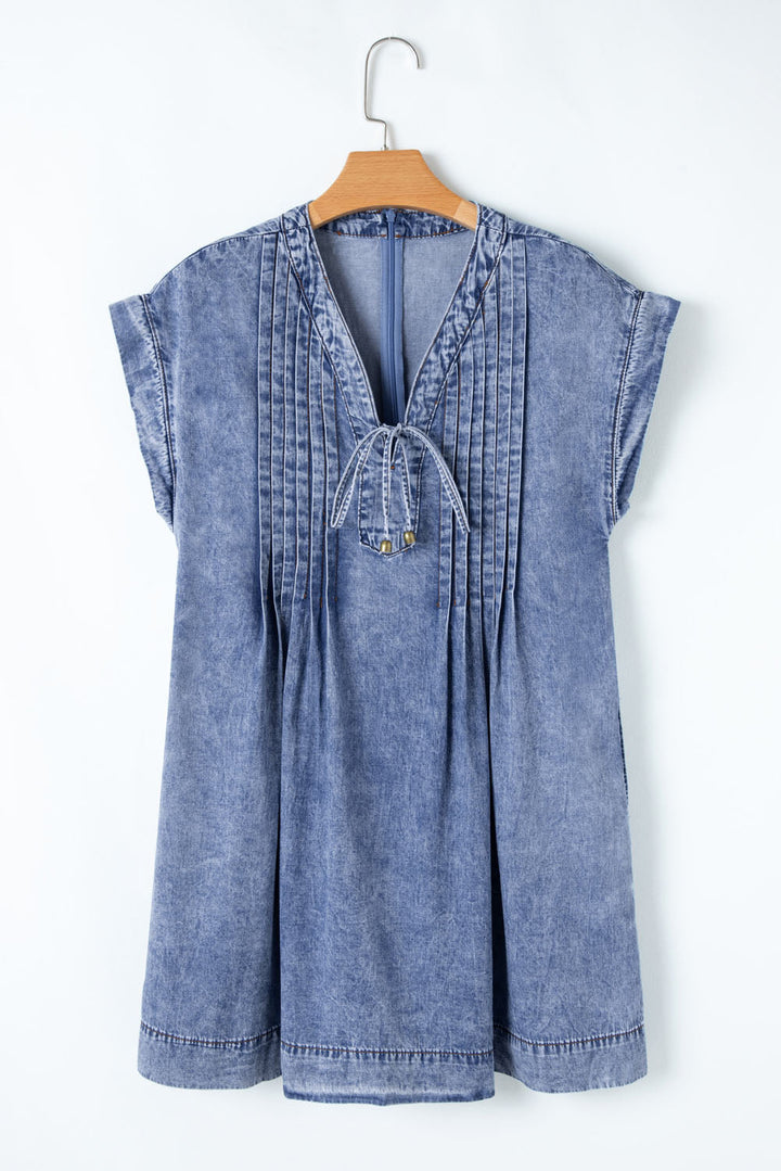 Tie V Neck Tucking Detail Short Sleeve Denim Shift Dress