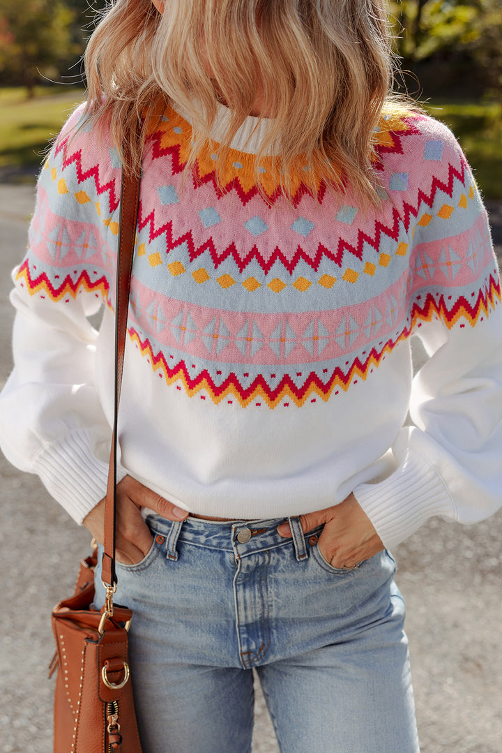 Ethnic Geometric Colorblock Print Drop Shoulder Sweater