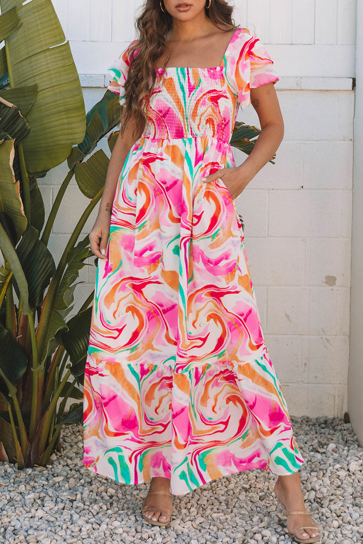 Abstract Print Ruffled Sleeve Smocked Bust Maxi Dress