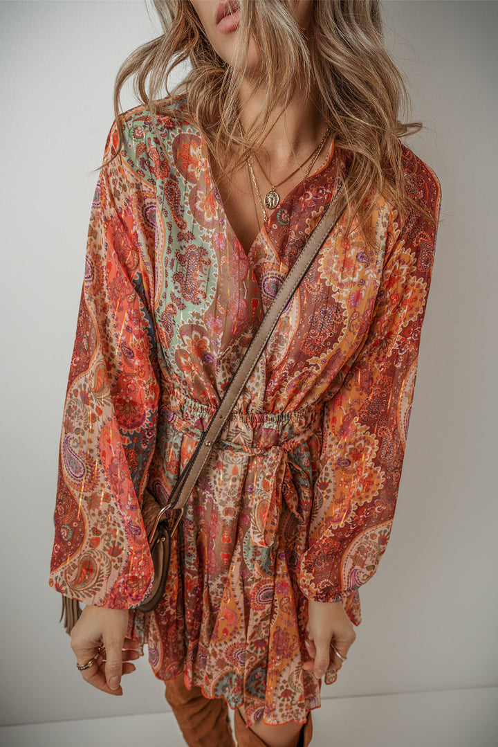 Boho Paisley Print Long Sleeve Pleated Belted Mini Dress