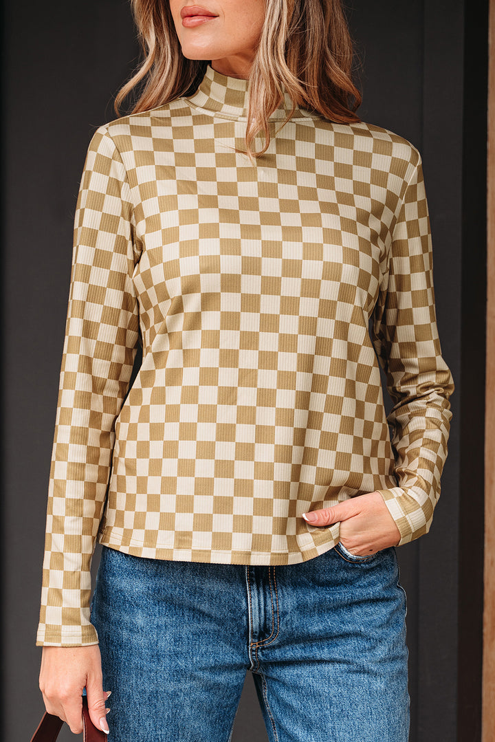 Khakifarbenes, geripptes Rollkragen-T-Shirt mit schmalen Ärmeln und Karomuster