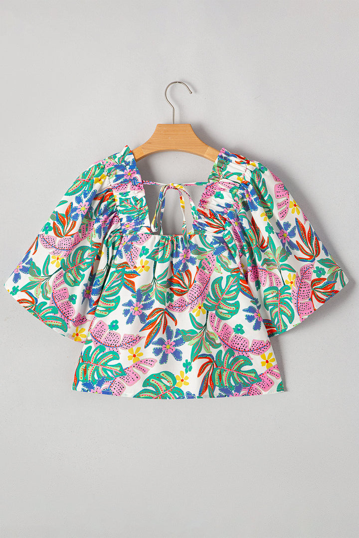 plant print loose fit puff sleeve square neck blouse