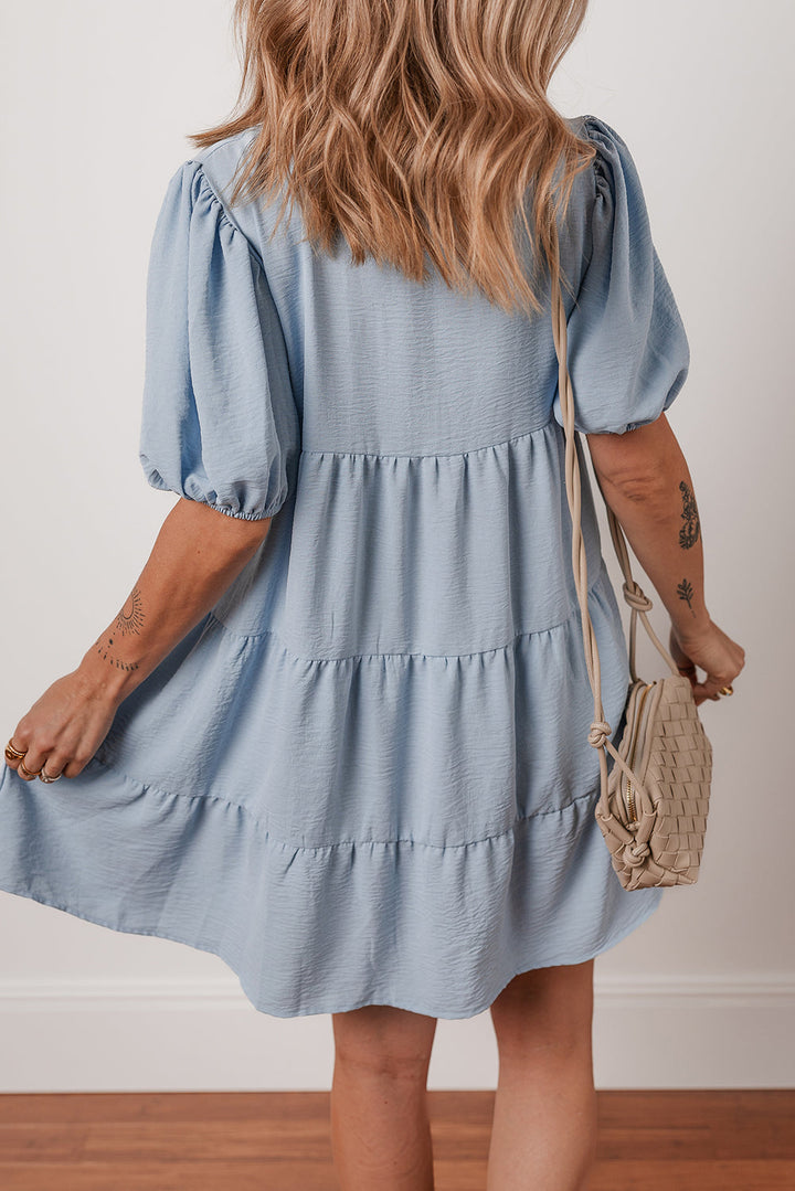shirt collar button up short puff sleeve tiered shift dress