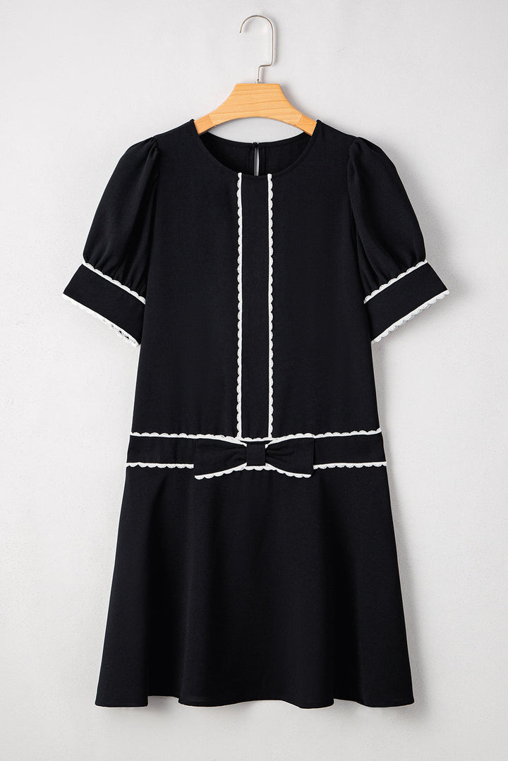 Contrast Scallop Trim Bow Detail Half Sleeve Shift Dress
