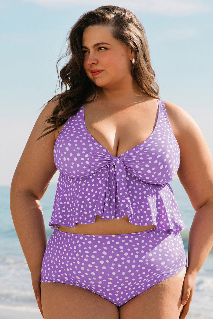 Plus Size Polka Dot Print Ruffled Knotted V Neck Tankini Set