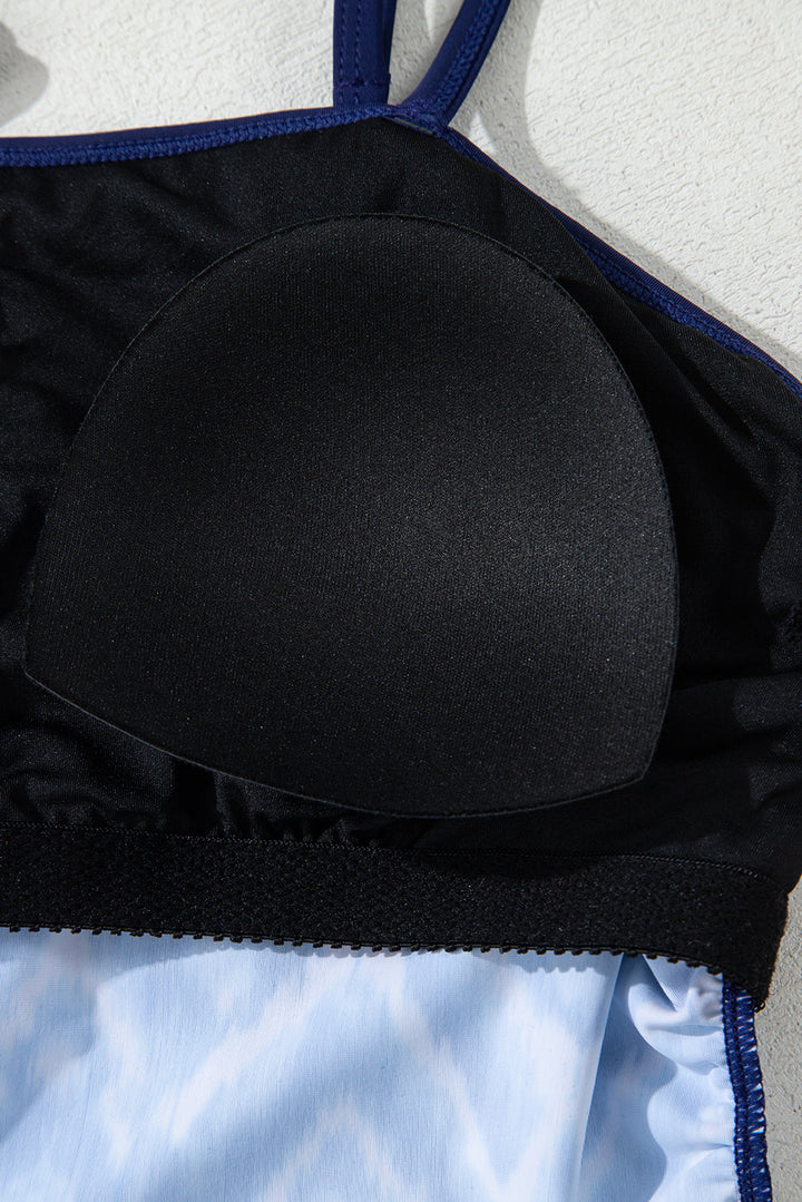 abstract print frilled trim spaghetti straps tankini set