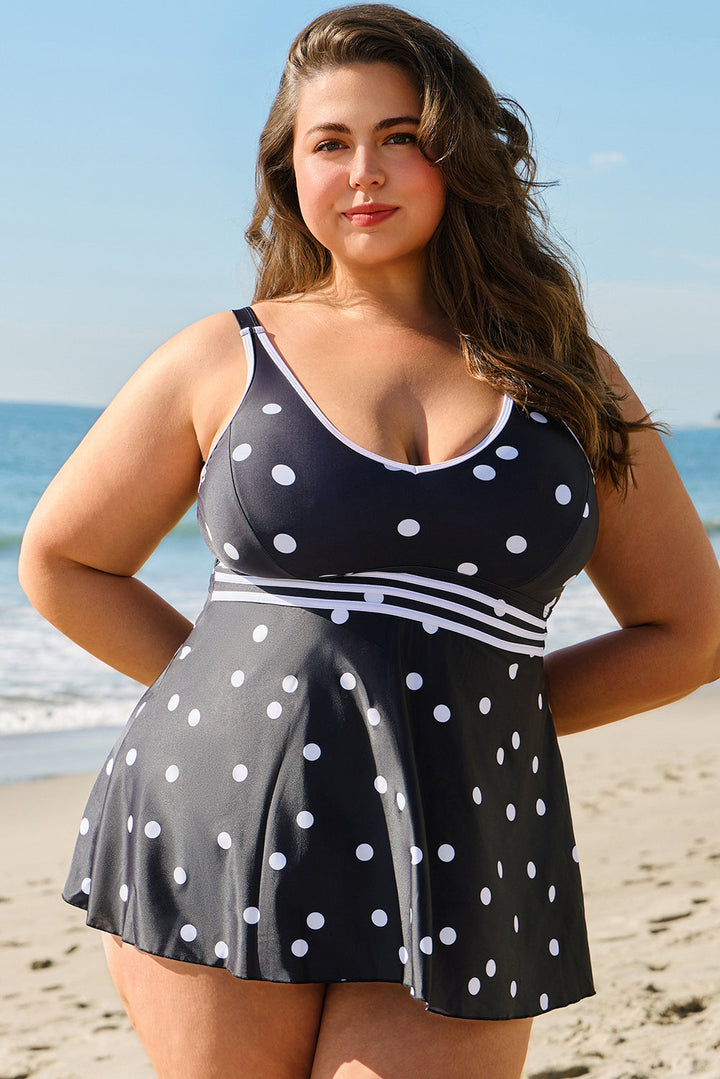 Polka Dot Trim V Neck Plus Size Swim Dress