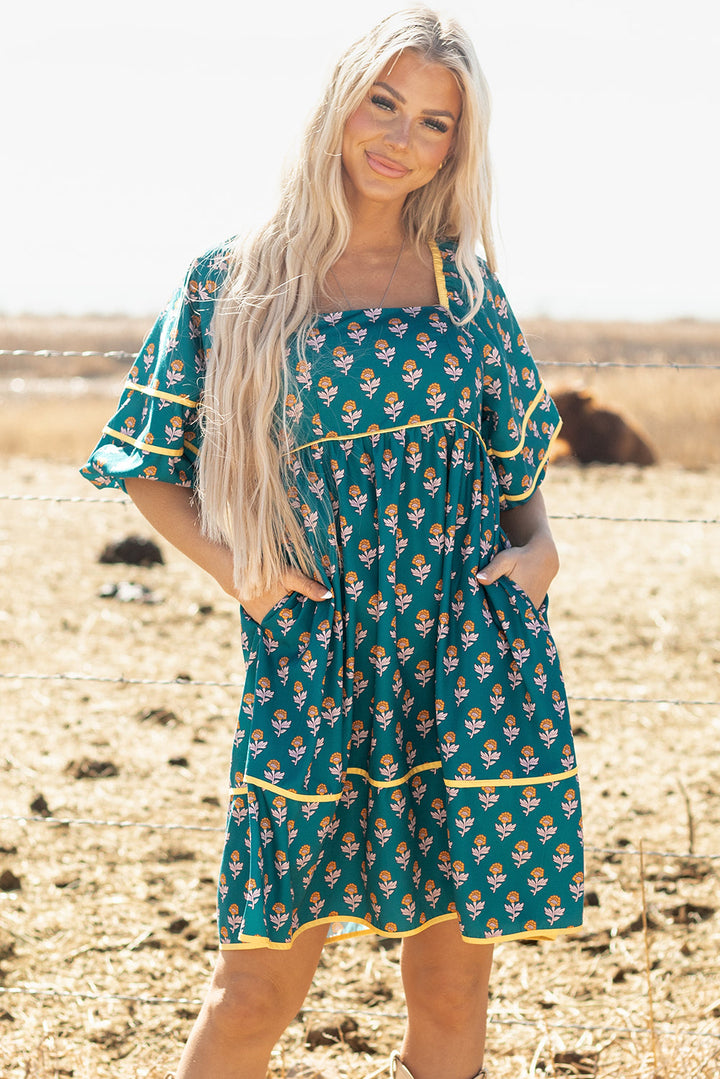 Floral Contrast Trim Square Neck Puff Sleeve Dress