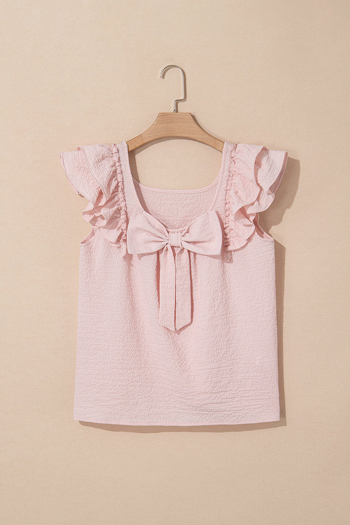 textured bow knot frilled butterfly sleeve blouse