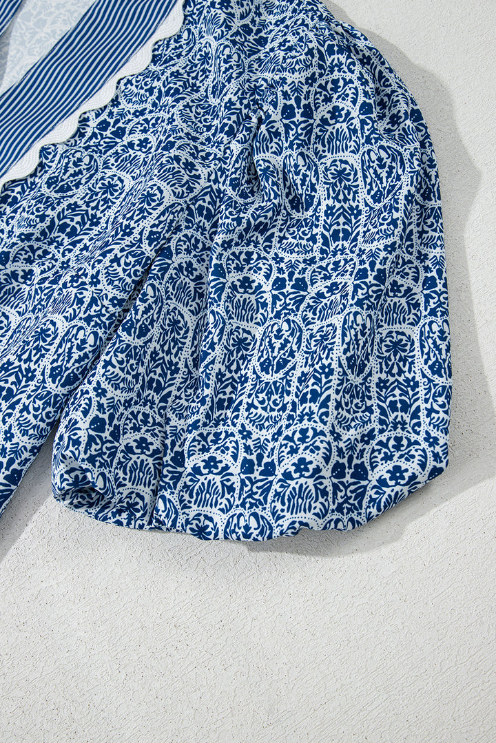 floral striped print contrast ric rac puff sleeve top