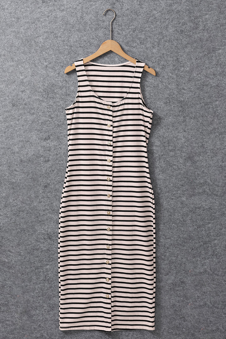 White Striped Print Sleeveless Buttoned Maxi Dress