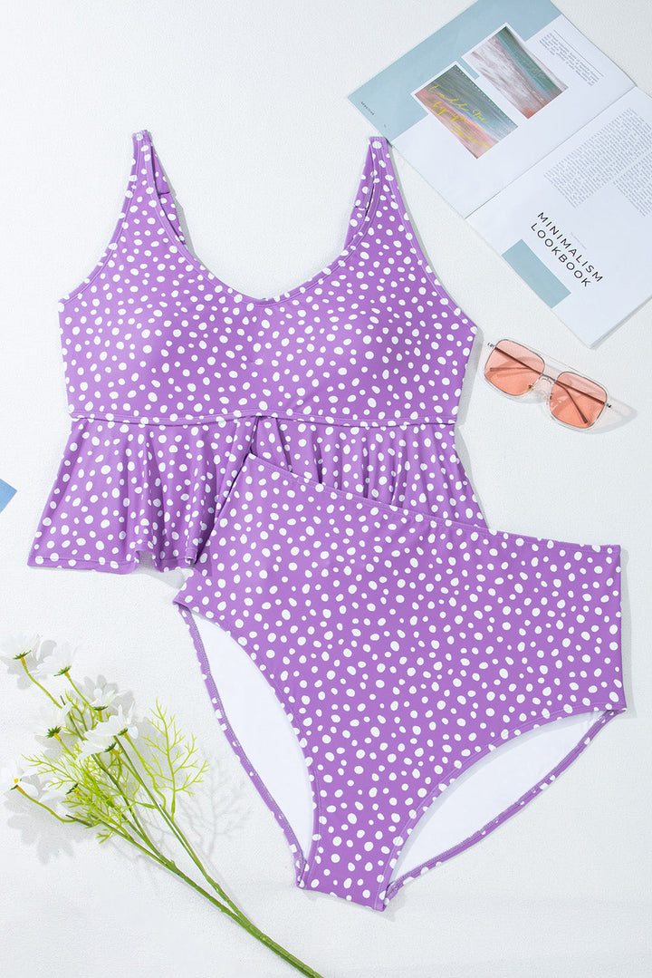 Plus Size Polka Dot Print Ruffled Knotted V Neck Tankini Set