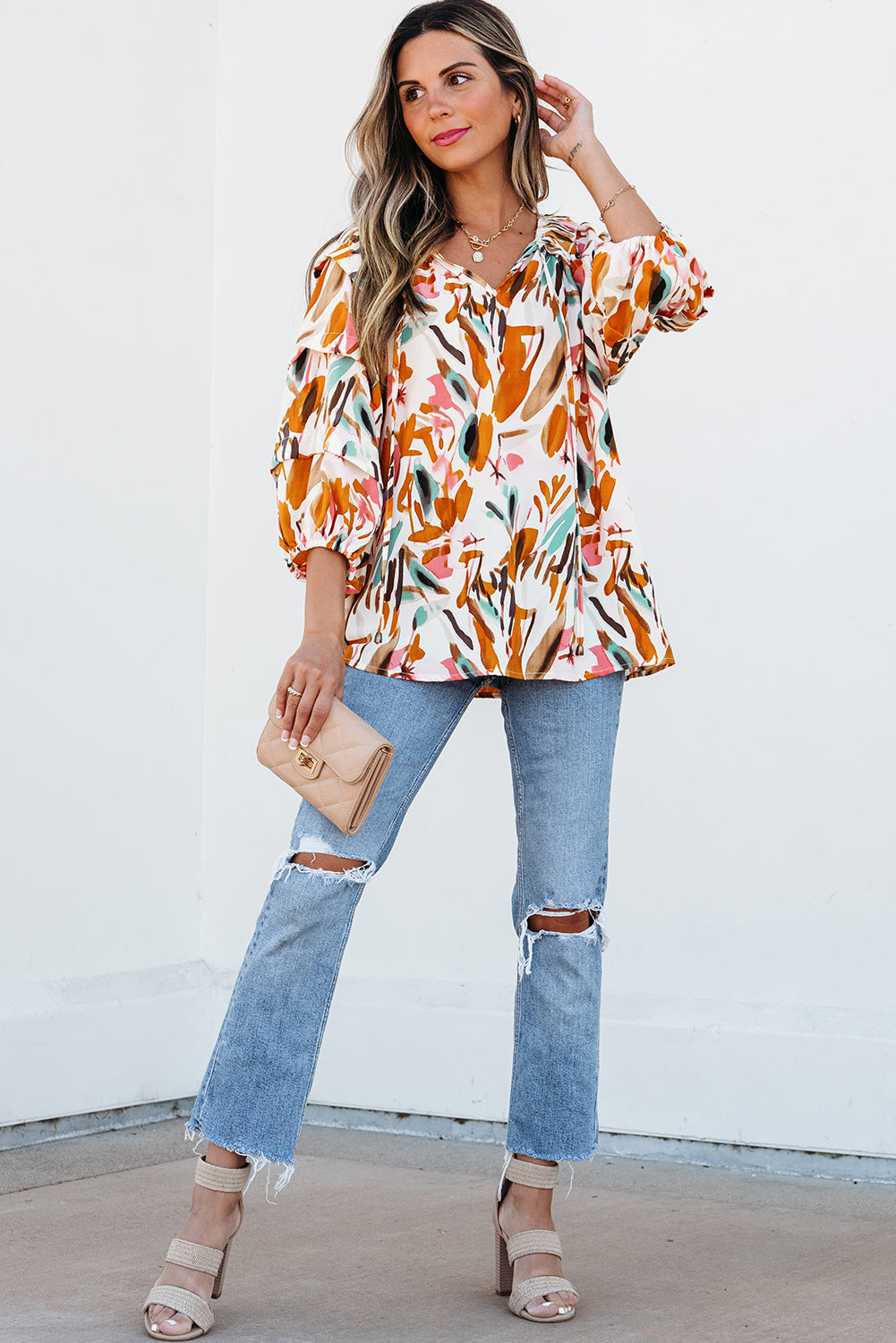 Abstract Print Drawstring Frilled V Neck 3/4 Sleeve Blouse