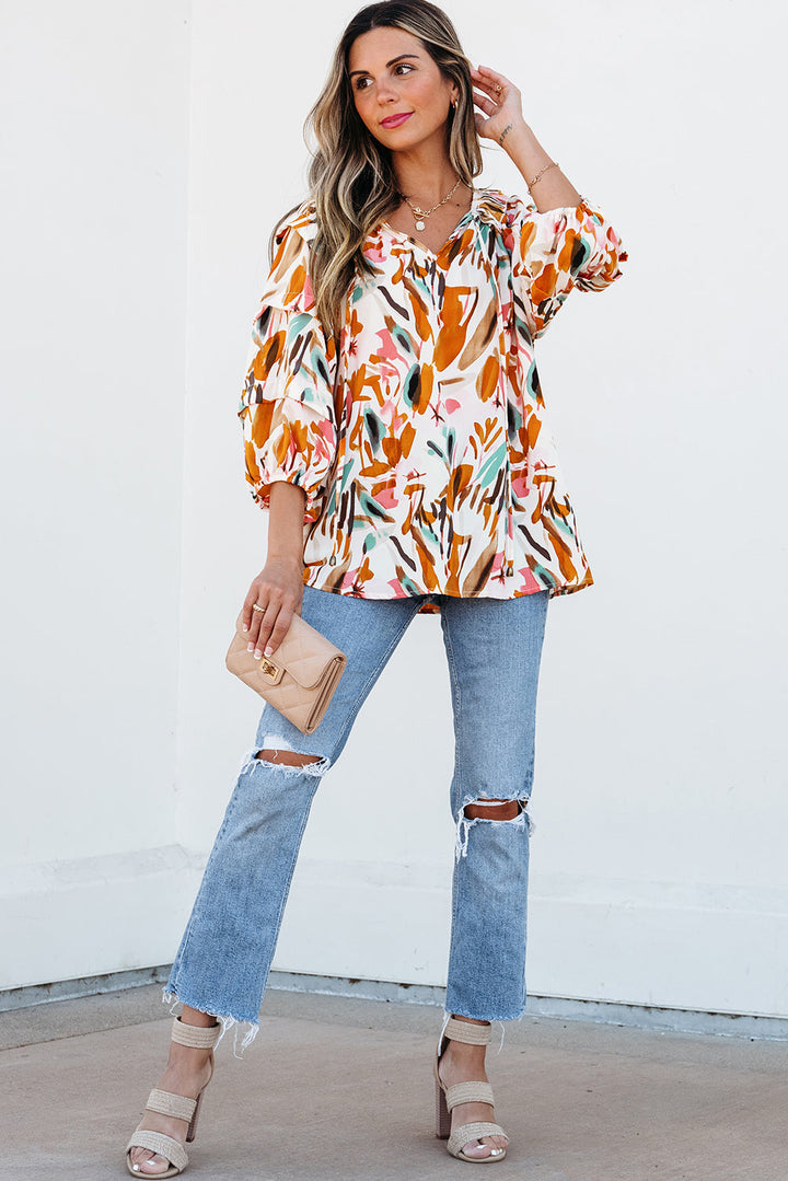 Abstract Print Drawstring Frilled V Neck 3/4 Sleeve Blouse
