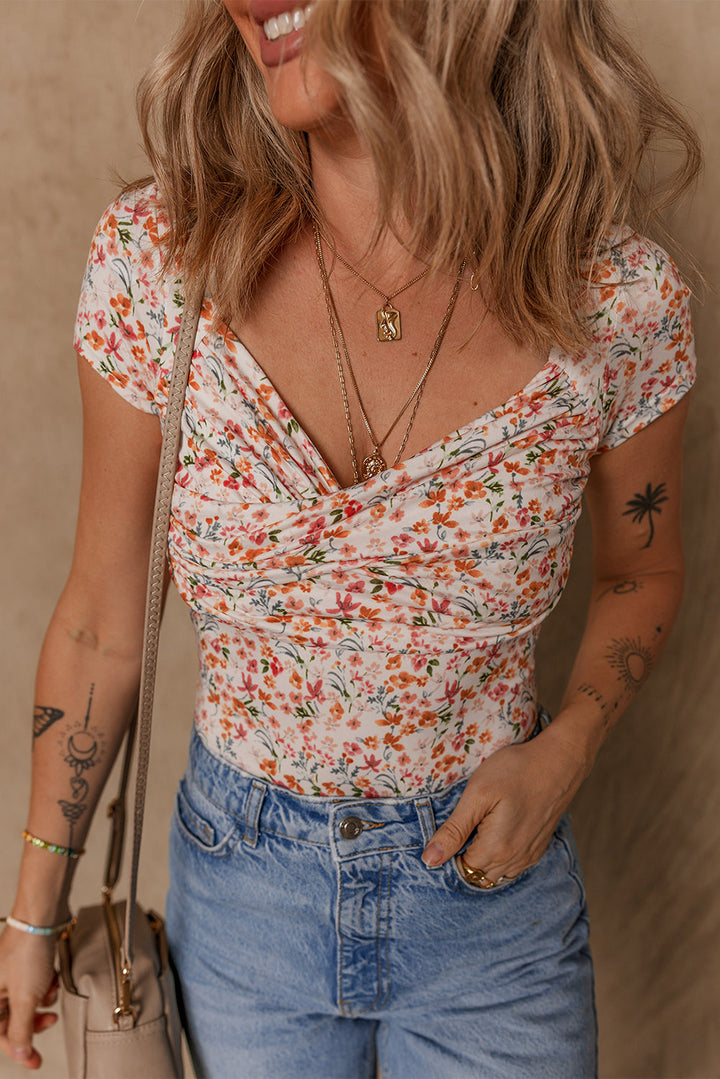 Short Sleeve Floral Ruched Sweetheart Bodysuit