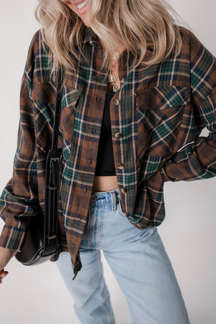 Plaid Print Chest Pockets Buttoned Shirt Jacket