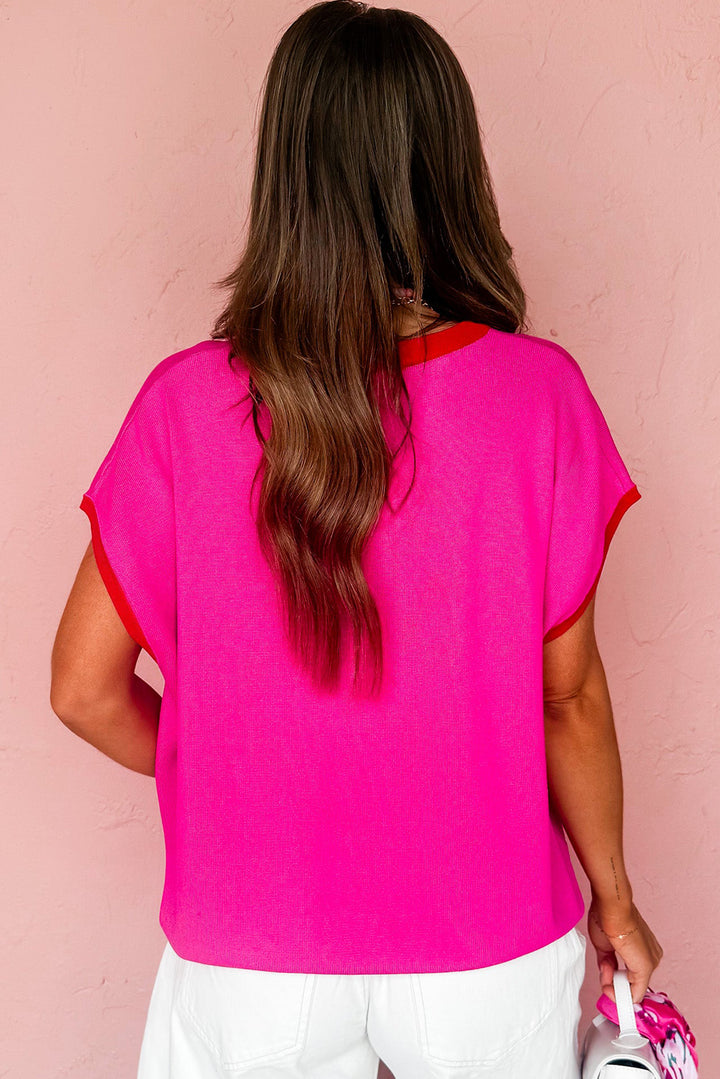 Contrast Trim Round Neck Short Sleeve Loose Knit Sweater