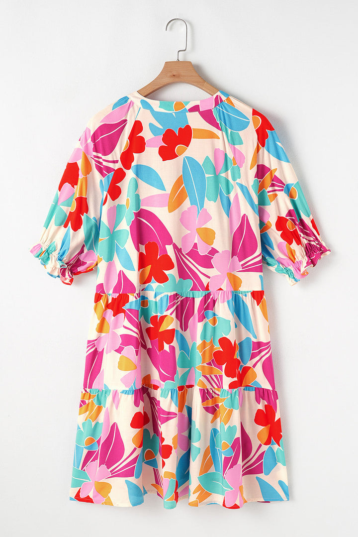 Floral Bubble Sleeve V Neck Tiered Ruffle Babydoll Dress