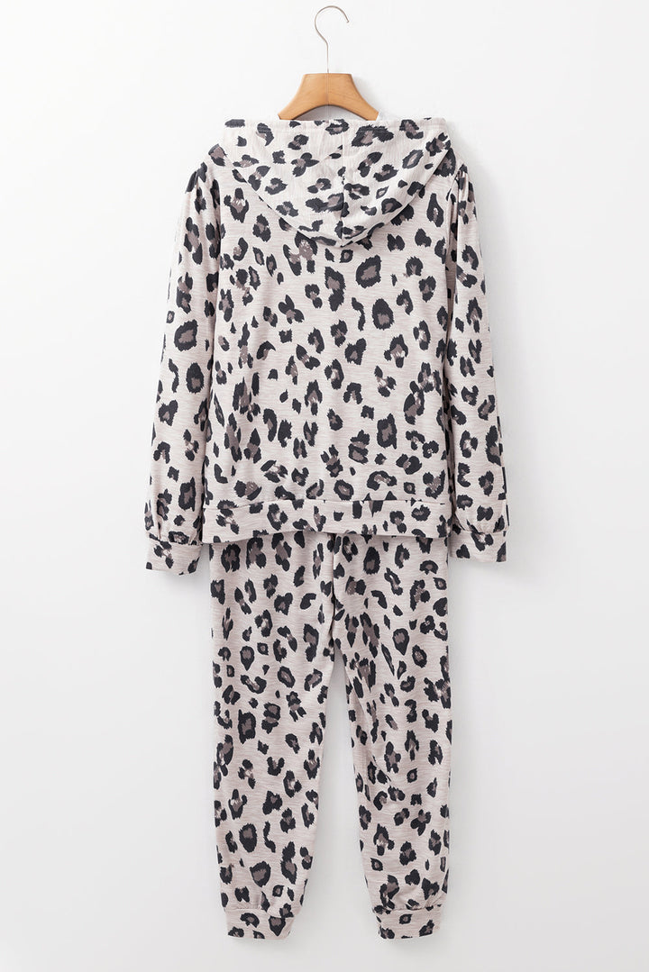 leopard print drawstring hoodie and skinny pants lounge set