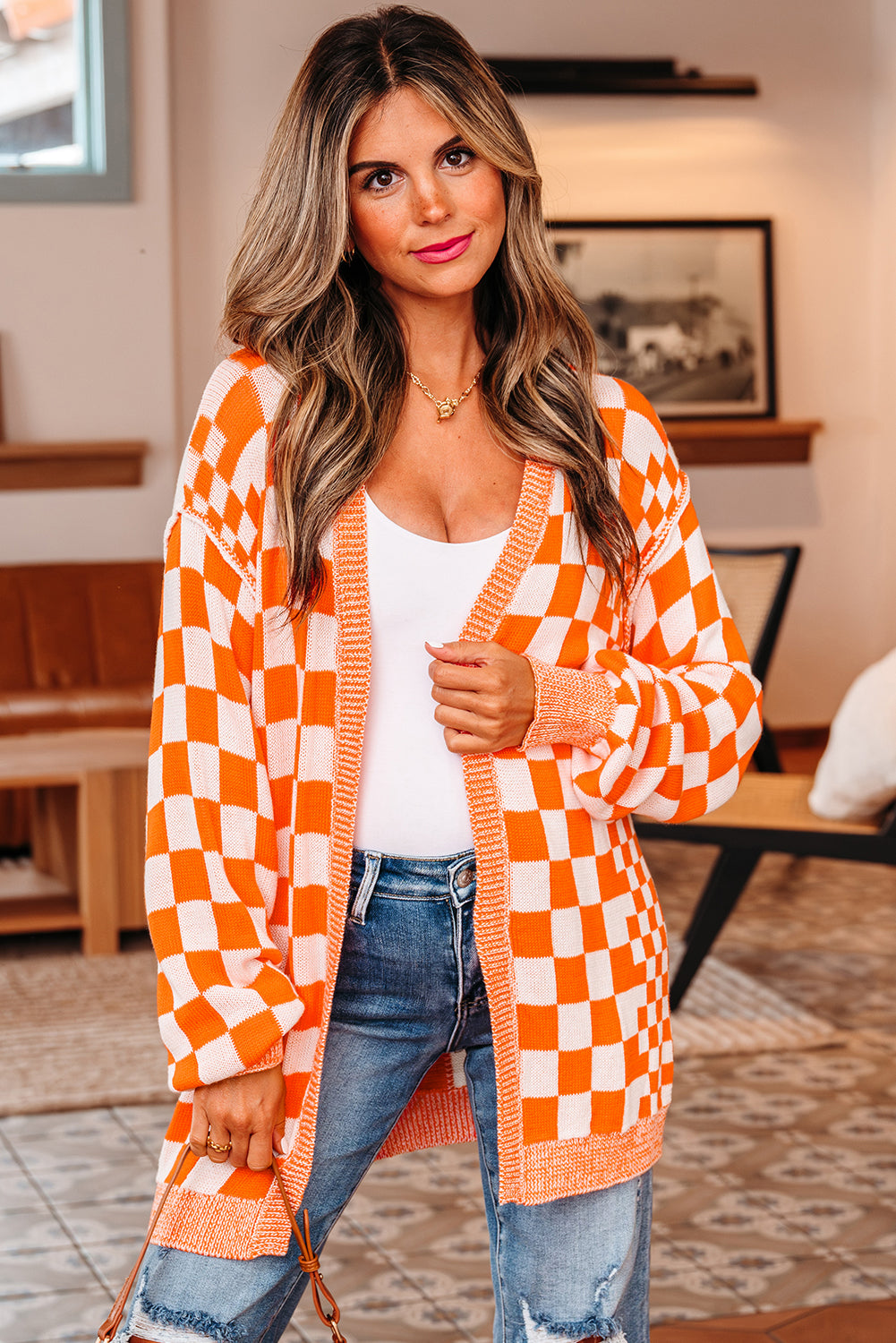 Checkered Open Front Drop Shoulder Cardigan