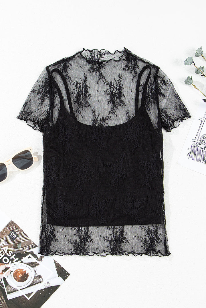 Floral Sheer Mesh Short Sleeve Mock Neck Blouse