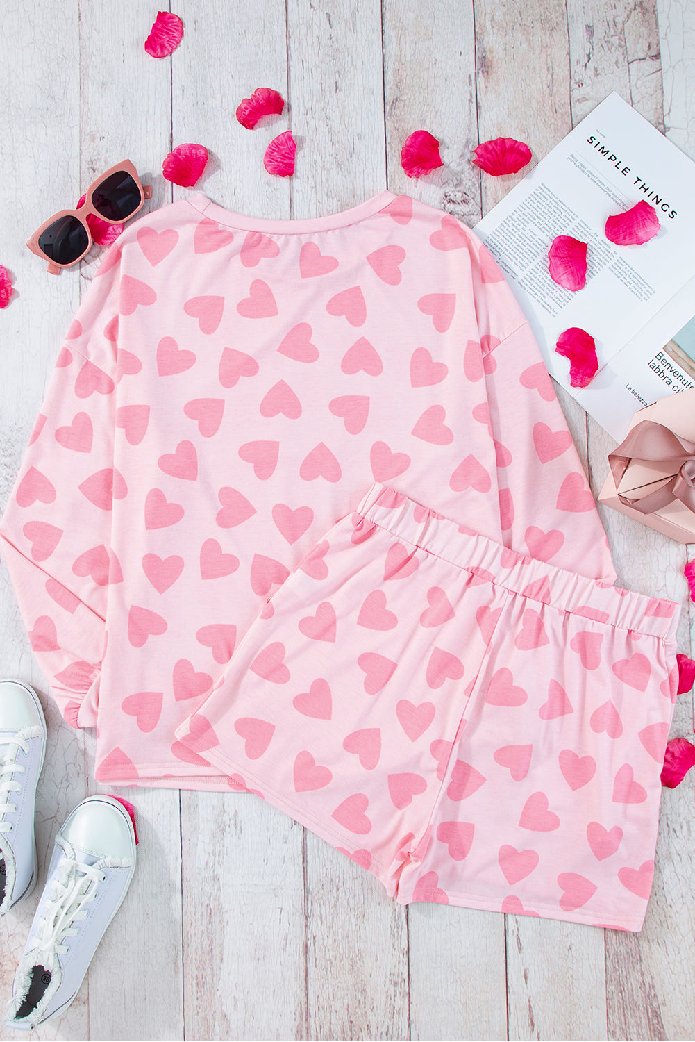 valentine heart shape print long sleeve top shorts lounge set 1