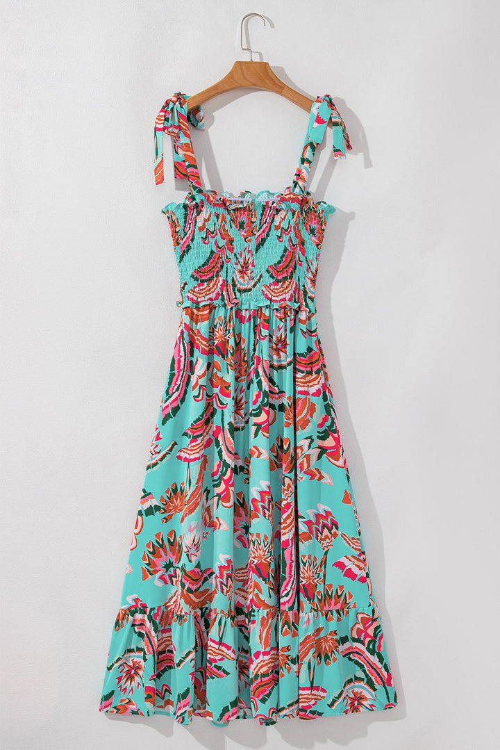 Abstract Print Smocked Bodice Knotted Straps Ruffled Maxi Dress