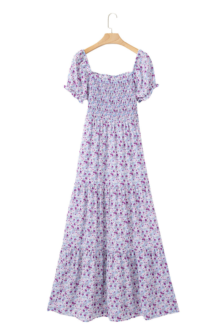 Floral Short Bubble Sleeve Shirred High Waist Maxi Dress