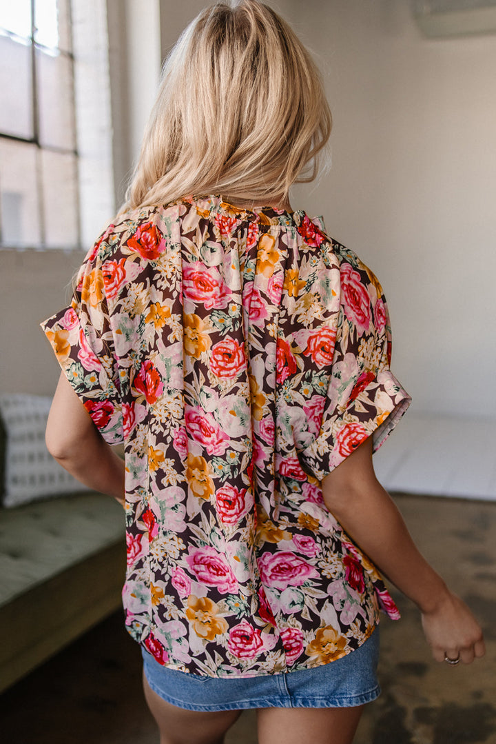 Floral Print Crew Neck Short Sleeve Shift Blouse