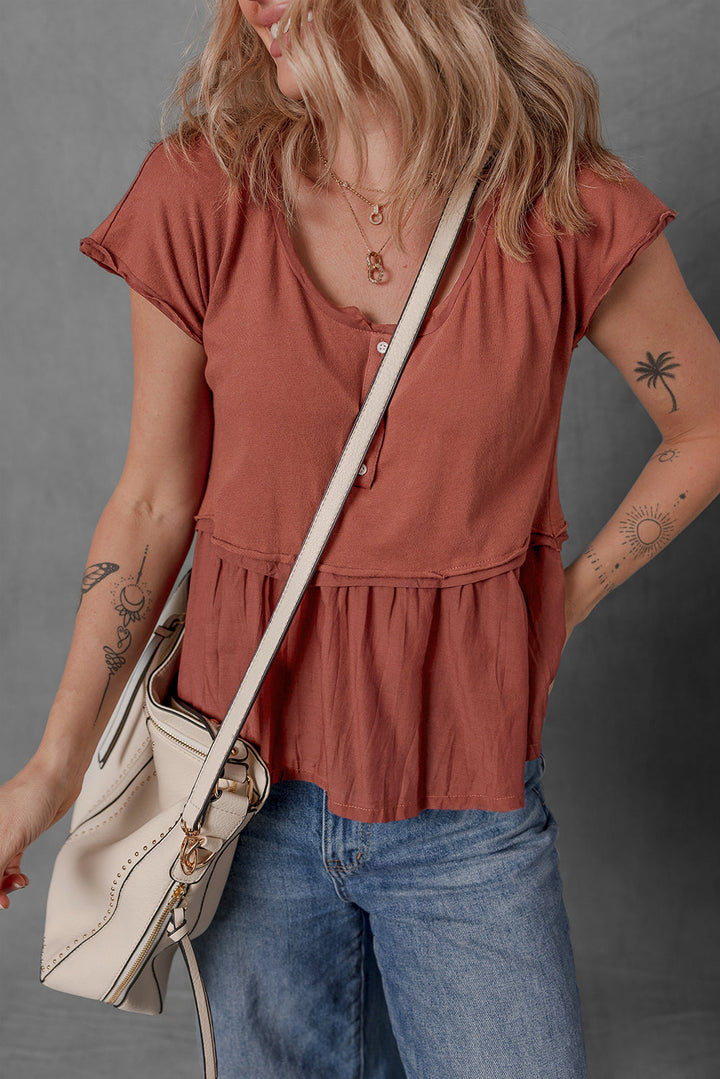 short sleeve u neck buttons splicing ruffle blouse