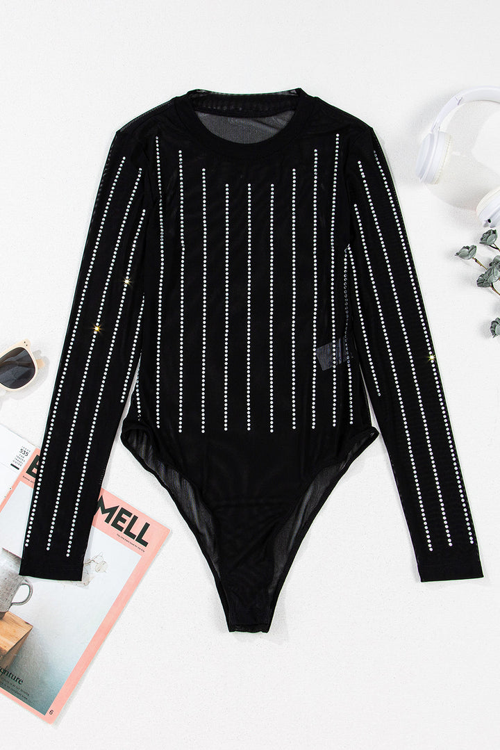 Rhinestone Decor Striped Mesh Long Sleeve Bodysuit