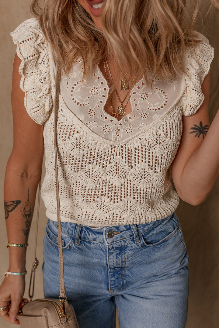 Embroidered Patchwork Hollow Out Knitted Ruffle Sweater Vest