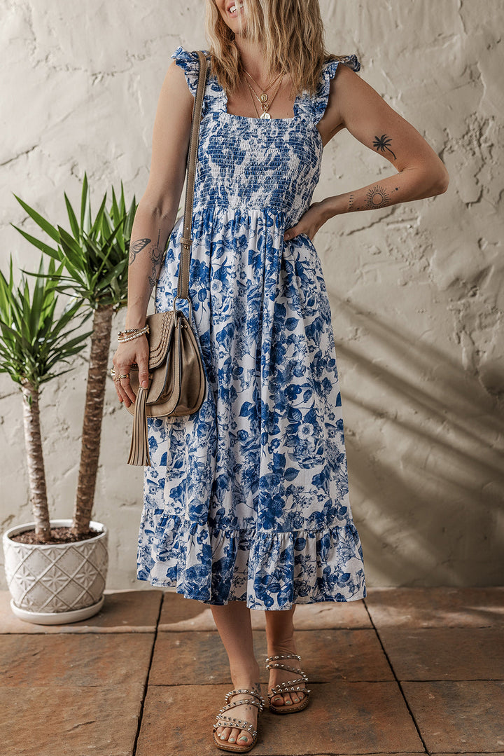 floral ruffle strap square neck smocked bodice midi dress
