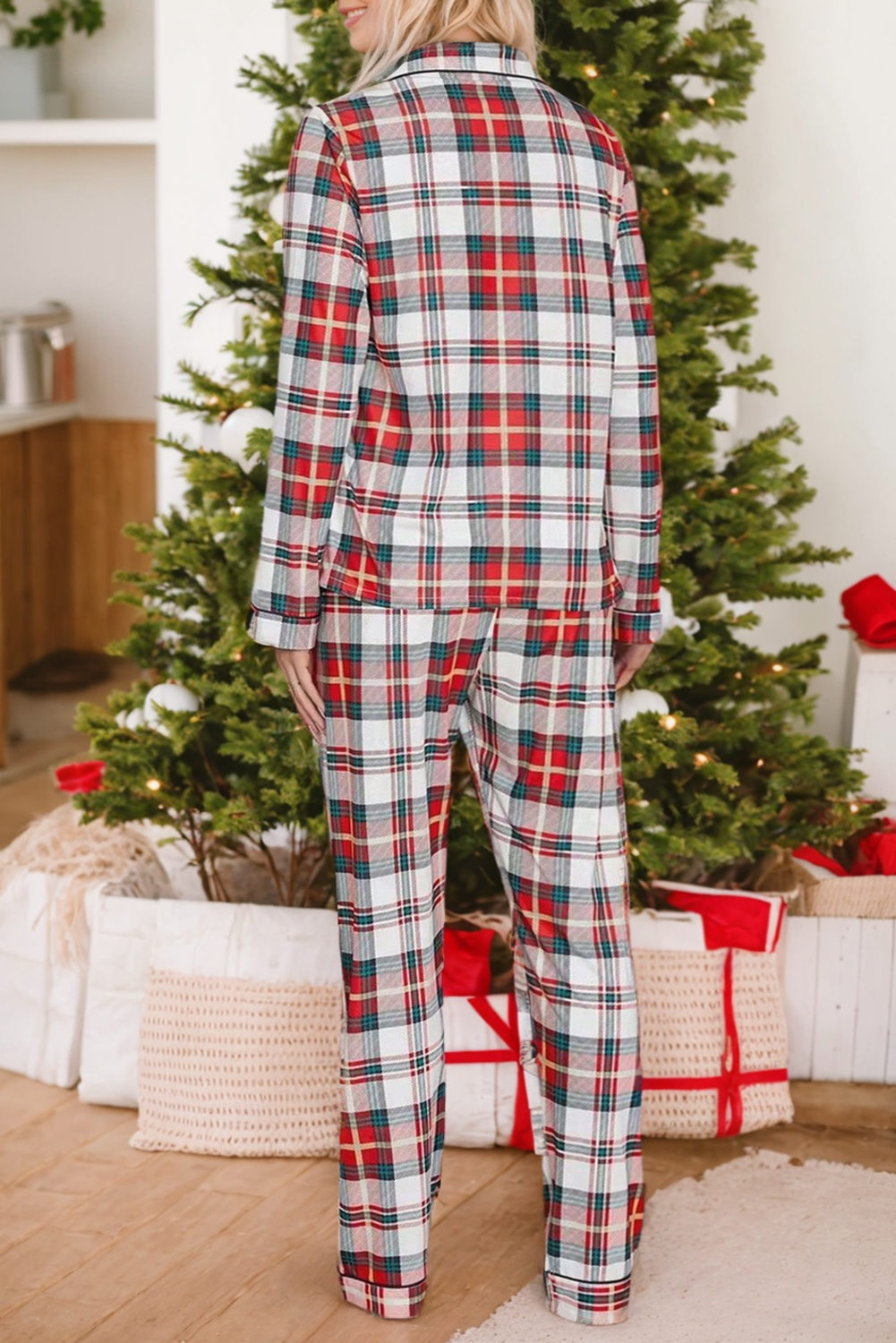 christmas plaid print two piece long sleeve pajamas set