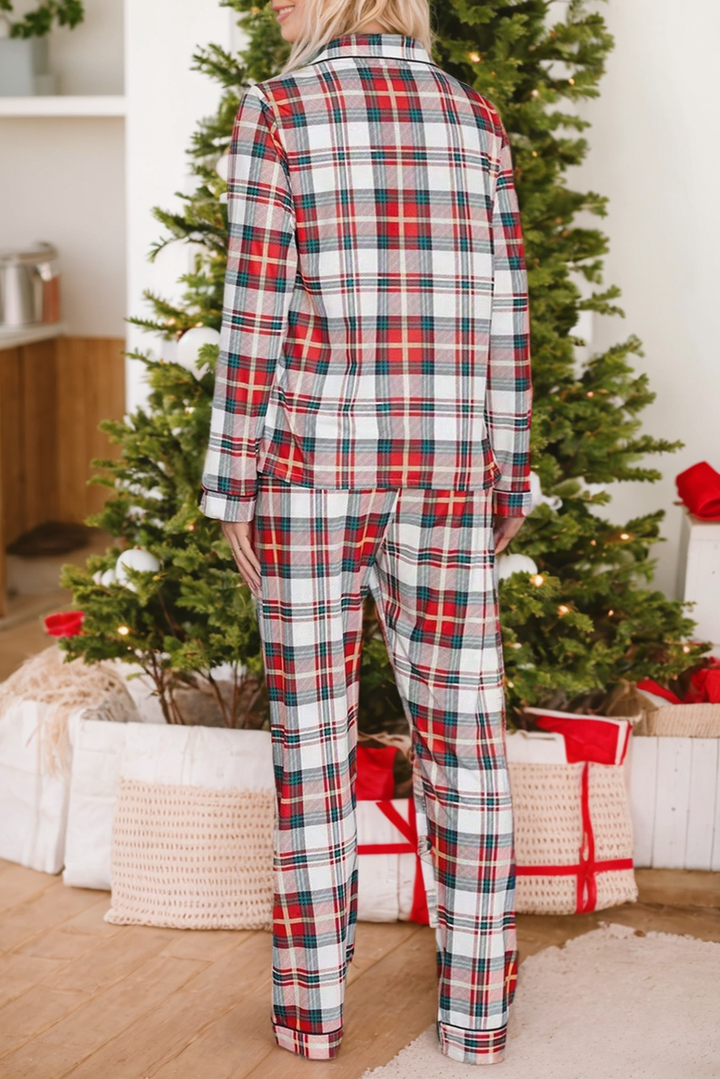 christmas plaid print two piece long sleeve pajamas set