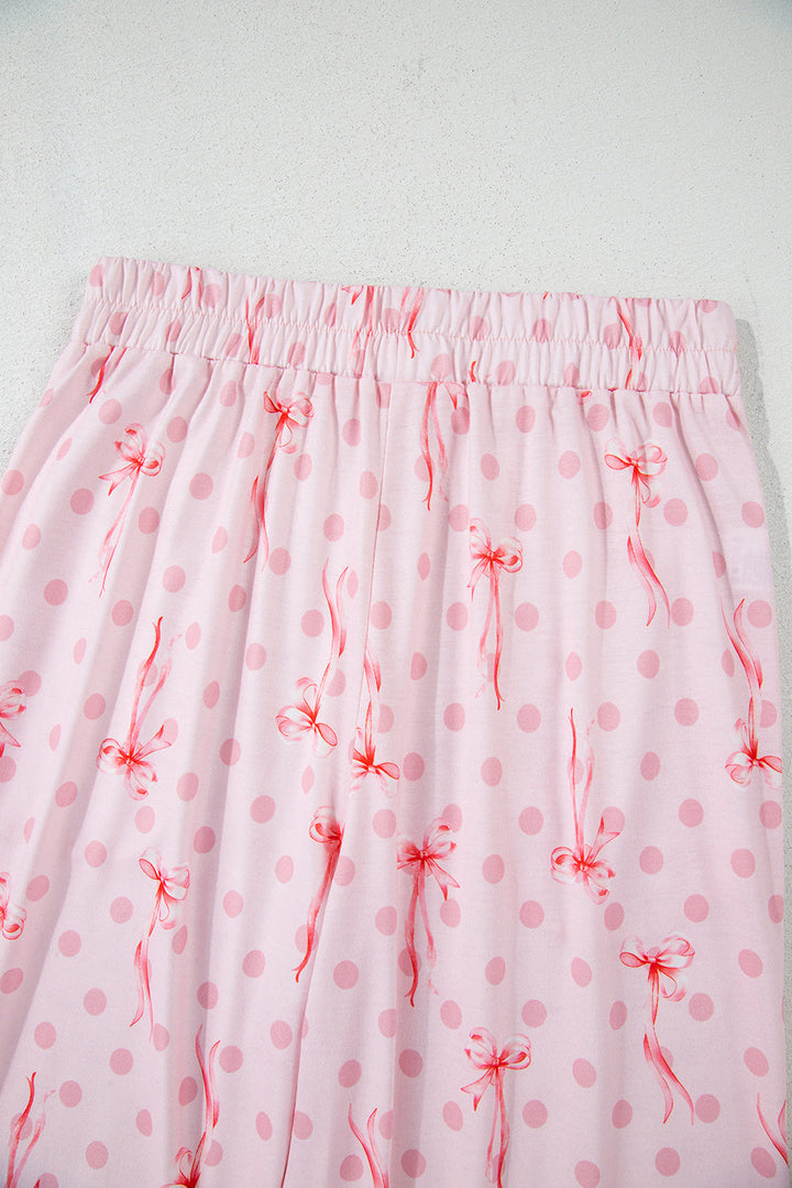 bow knot polka dot print short sleeve top lounge set