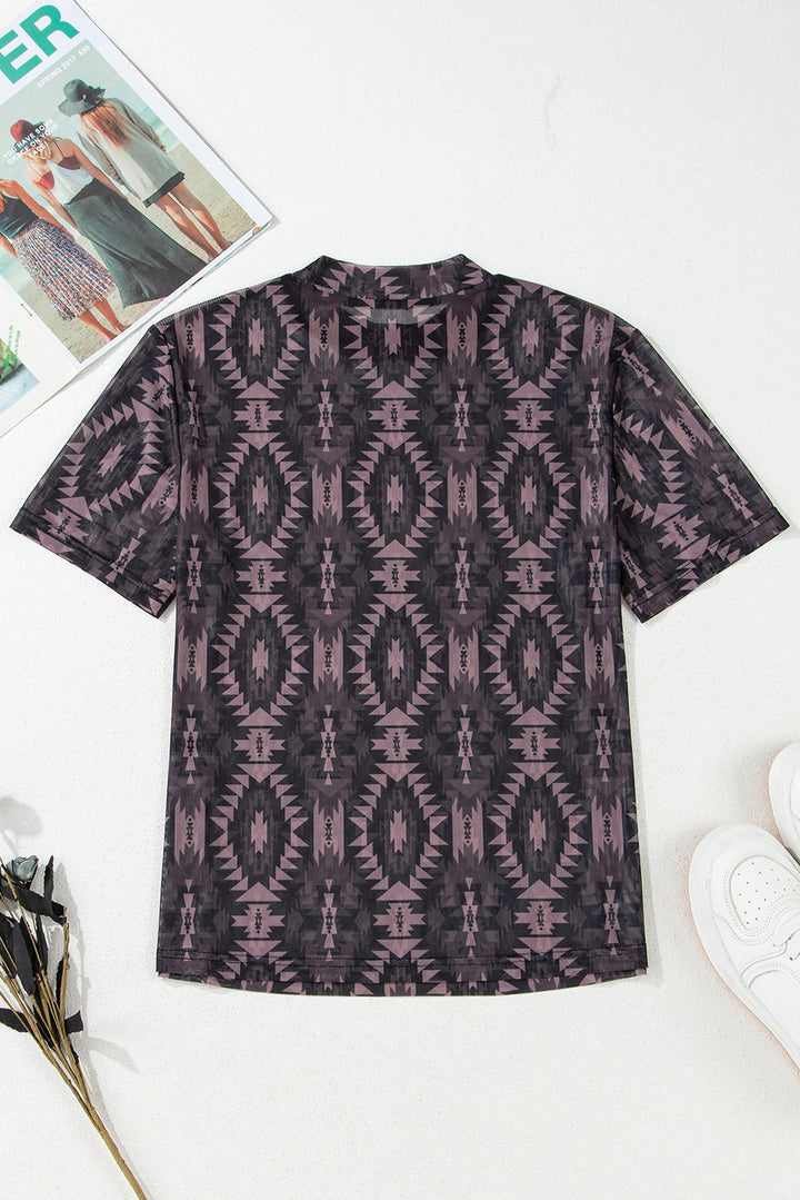 aztec print mock neck short sleeve mesh t shirt