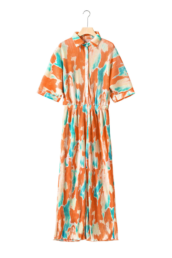 Multicolor Bohemian Tie Dye Pleated Shirt Collar Loose Jumpsuit