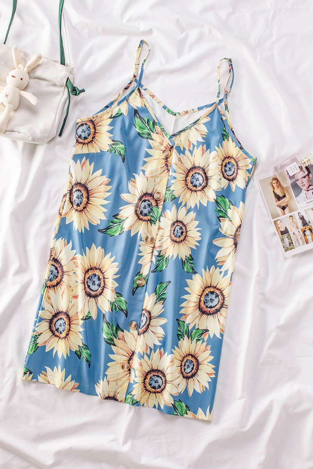 Cute Sky Blue Sunflower Pattern Buttoned Slip Cami Dress