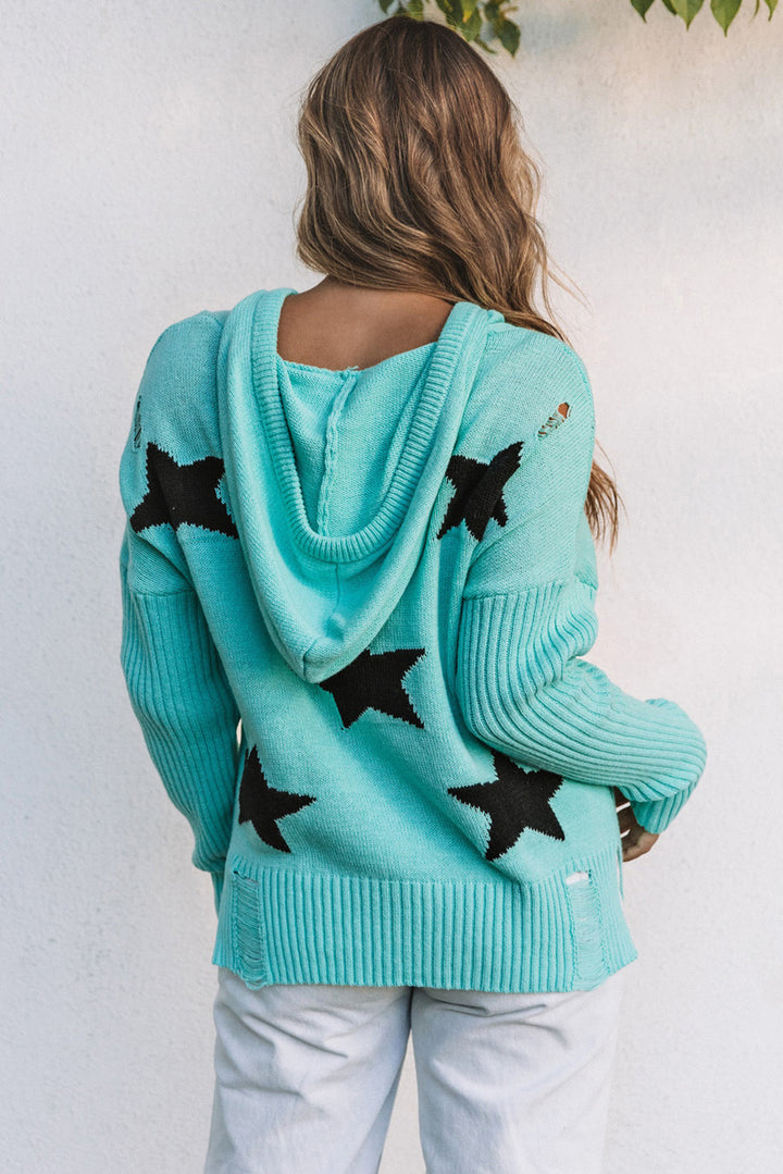Green V Neck Star Pattern Hooded Sweater with Slits