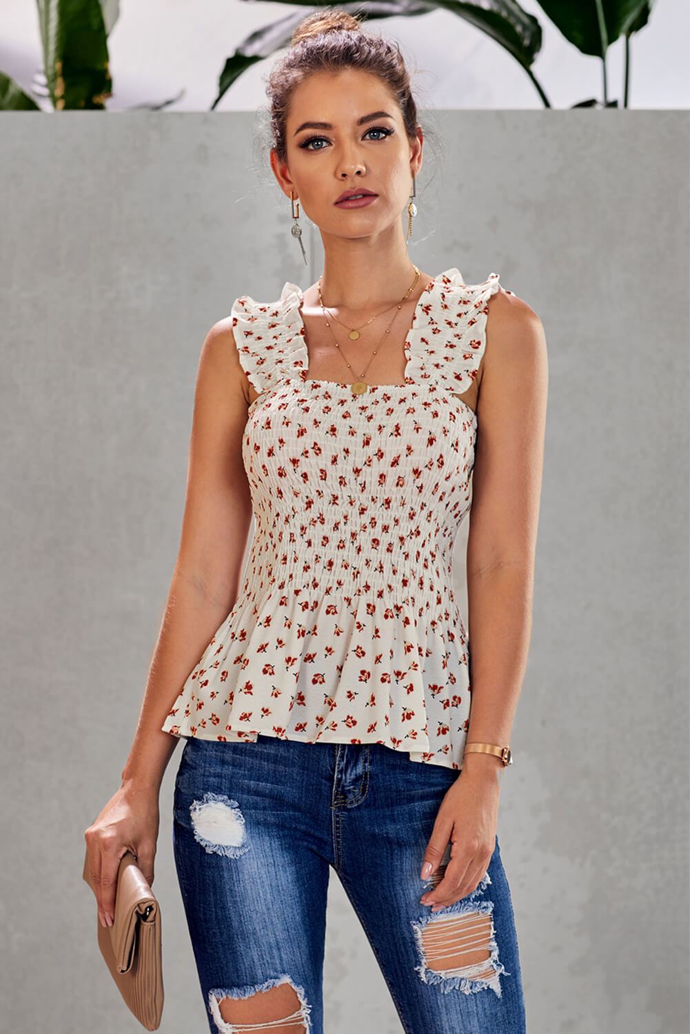 Chic White Floral Smock Tank Top