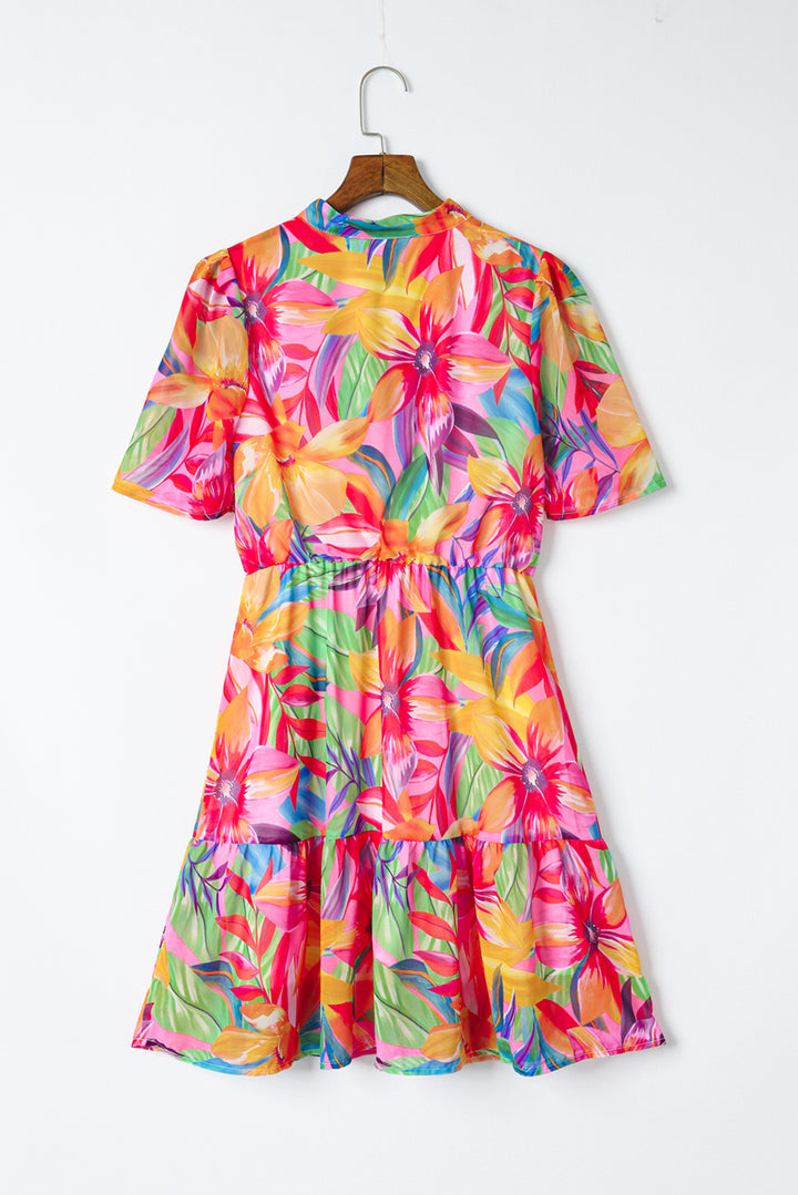 Summer Floral Print V Neck Short Sleeve Dress