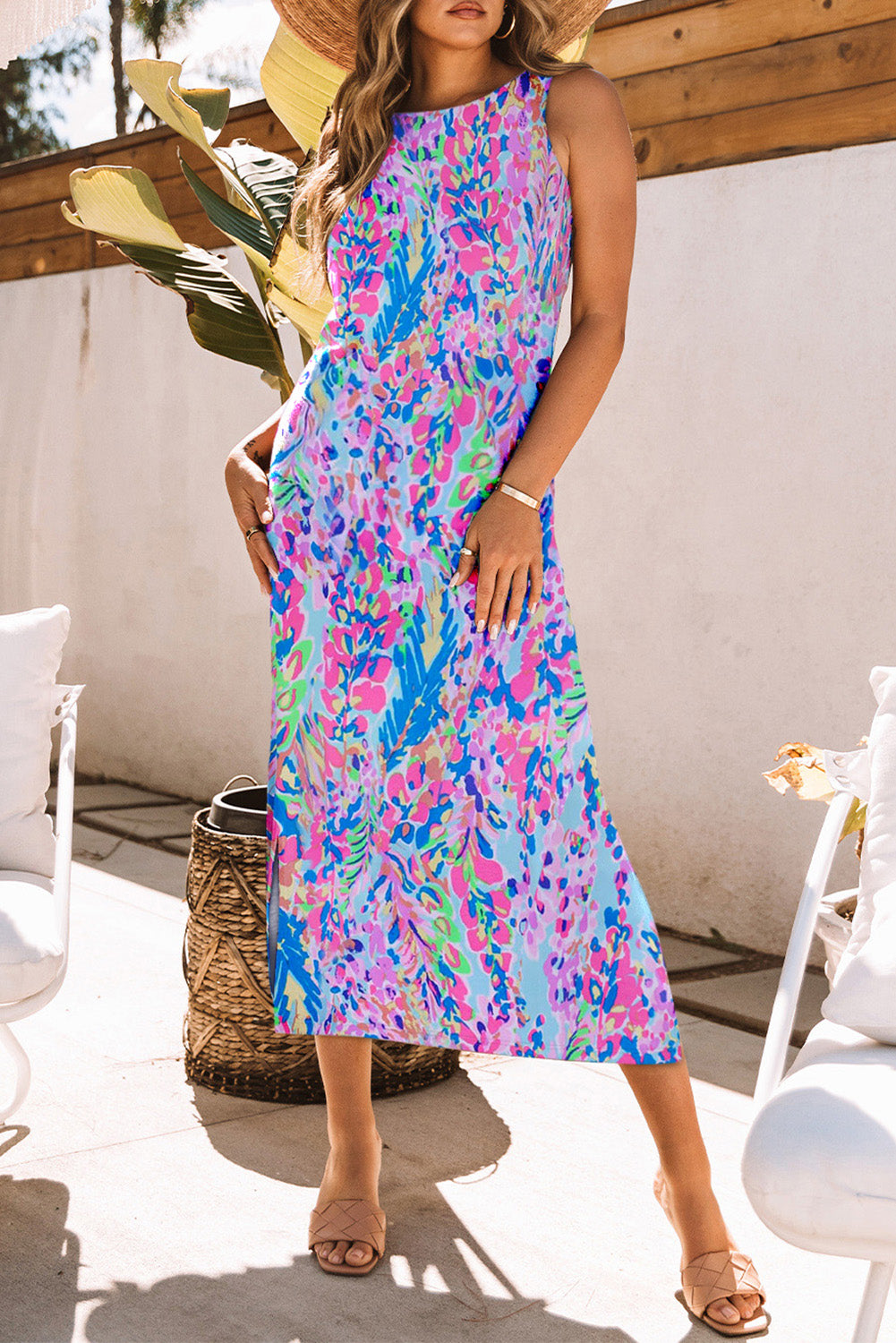 Abstract Floral Print Sleeveless Maxi Dresses