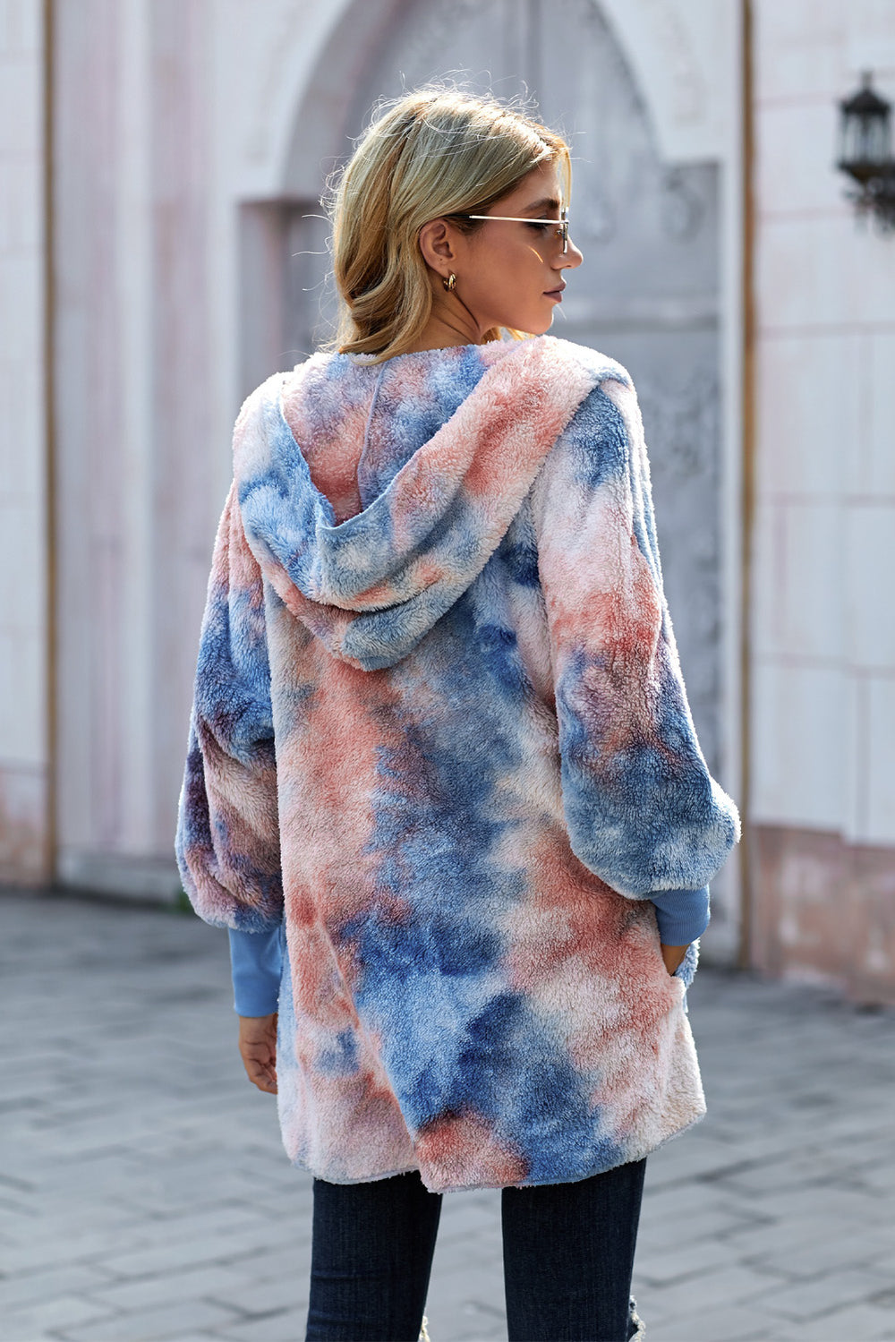 Womens Blue Orange Tie Dye Soft Fleece Hooded Open Front Coat