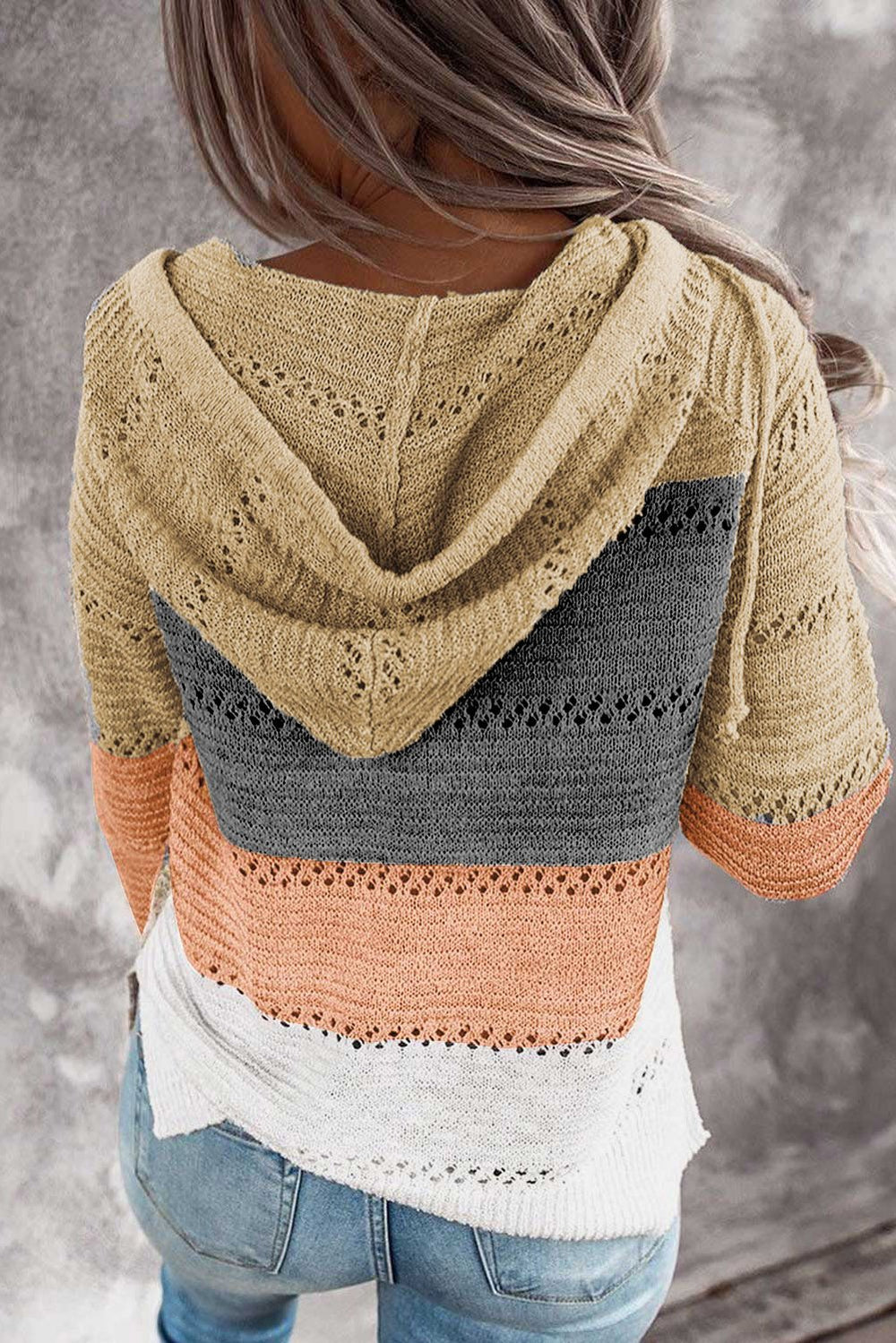 Womens Multicolor Zipped Front Colorblock Hollow-out Knit Hoodie