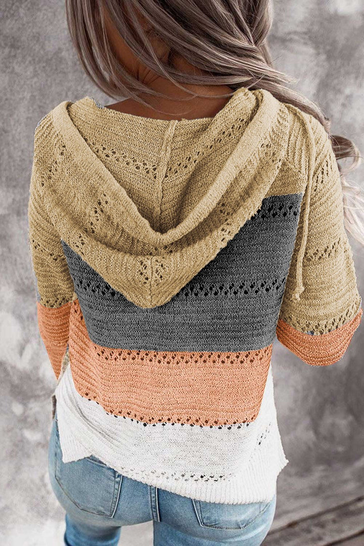 Womens Multicolor Zipped Front Colorblock Hollow-out Knit Hoodie