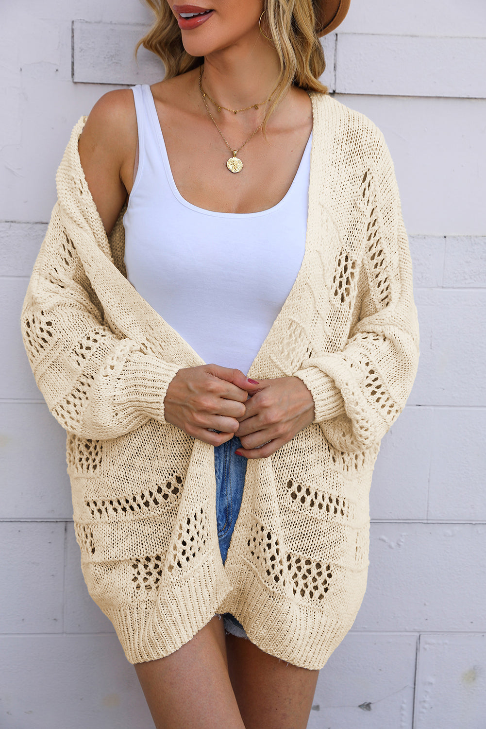 Apricot Casual Hollowed Knit Dolman Sleeve Cardigan – ModeShe