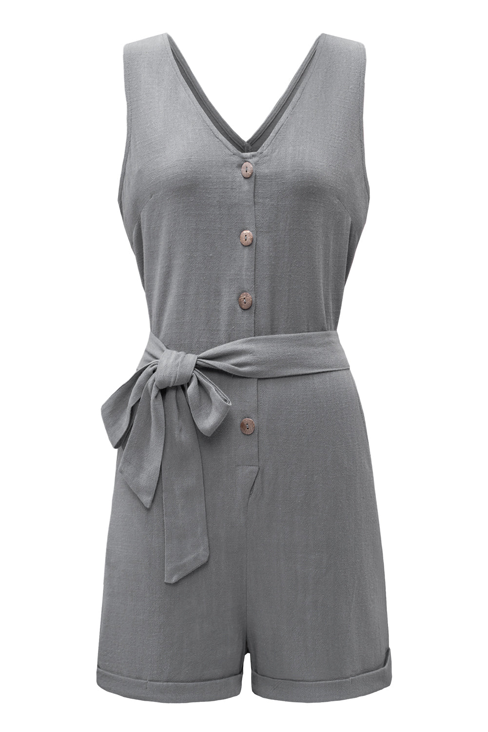 Casual Gray Button V Neck Sleeveless Romper with Belt