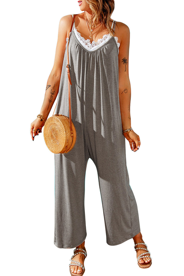 Gray Spaghetti Straps Wide Leg Pocketed Jumpsuits