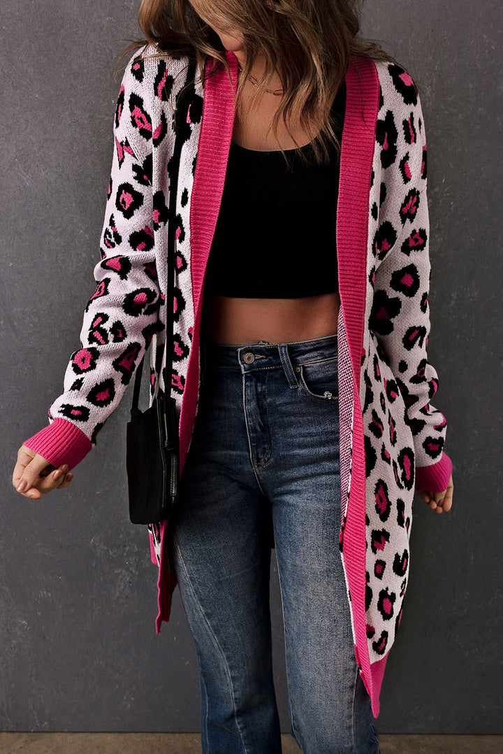 Rose Leopard Ribbed Trim Knitted Open Front Long Cardigan